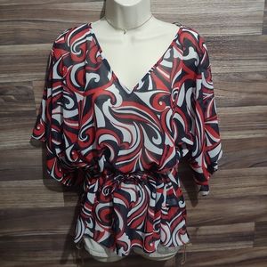 (3for$20 Chaps sheer red black white tie waisted v neck wide sleeve blouse Large